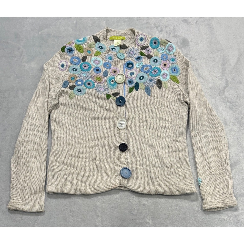 Sigrid Olsen Women Silk Angora Floral Chunky Knit Cardigan Artisanal Whimsy Twee